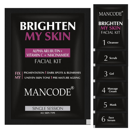 Mancode Facial Kit for Brighten Skin for Fix Pigmentation, Dark Sports & Blemishes, Uneven Skin Tone Facial kit for men, 58gm