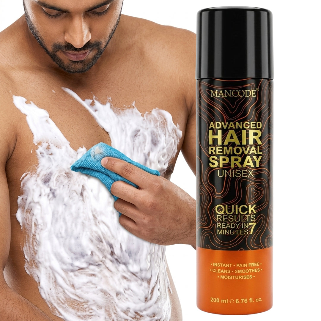 Mancode Hair Removal Foam Spray (200ml) | Painless Fast-Acting 3–6 Min Hair Removal for Men – Smooth Skin for Body, Chest, Back & Intimate Areas