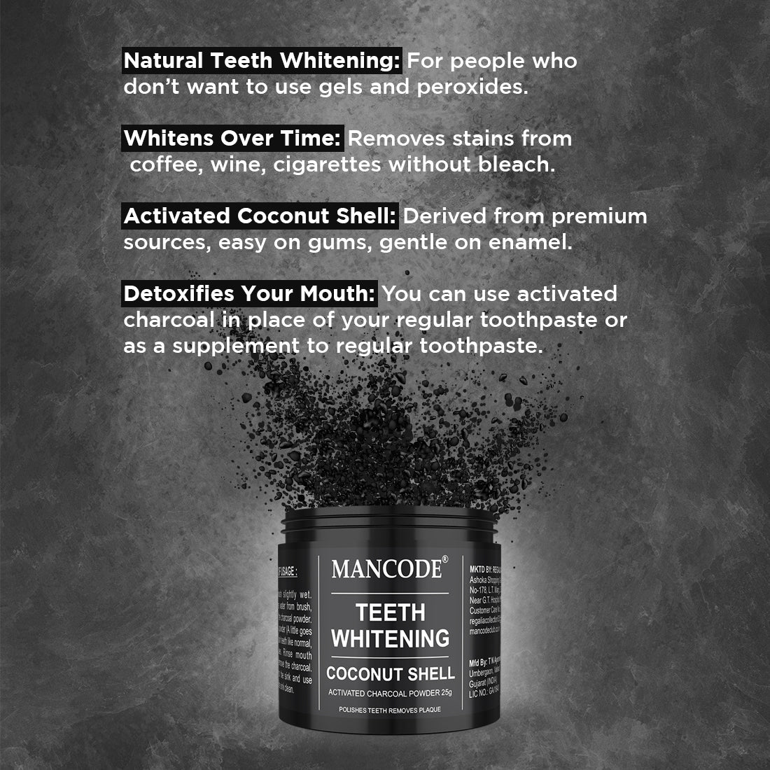 Mancode Coconut Shell Activated Charcoal Powder for Teeth Whitening, 25mg