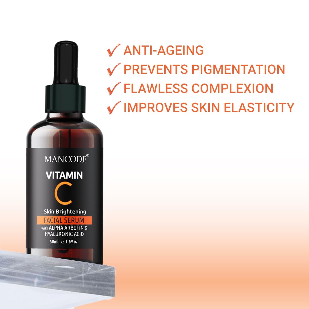 Mancode Vitamin C Facial Serum 50ml | Anti-Aging Serum with Vitamin E & Hyaluronic Acid | Wrinkle Reduction, Brightening & Hydrating Face Serum