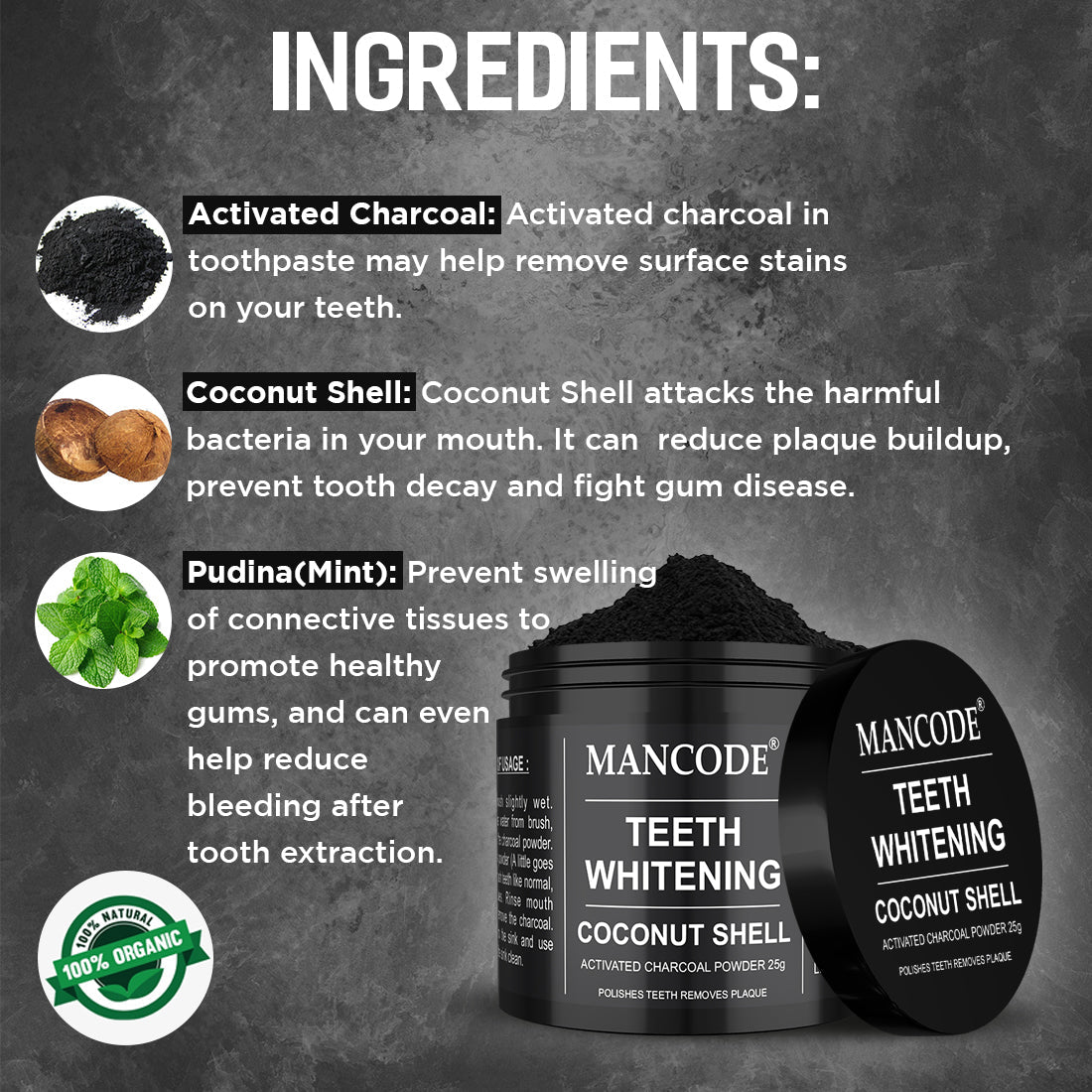 Mancode Coconut Shell Activated Charcoal Powder for Teeth Whitening, 25mg