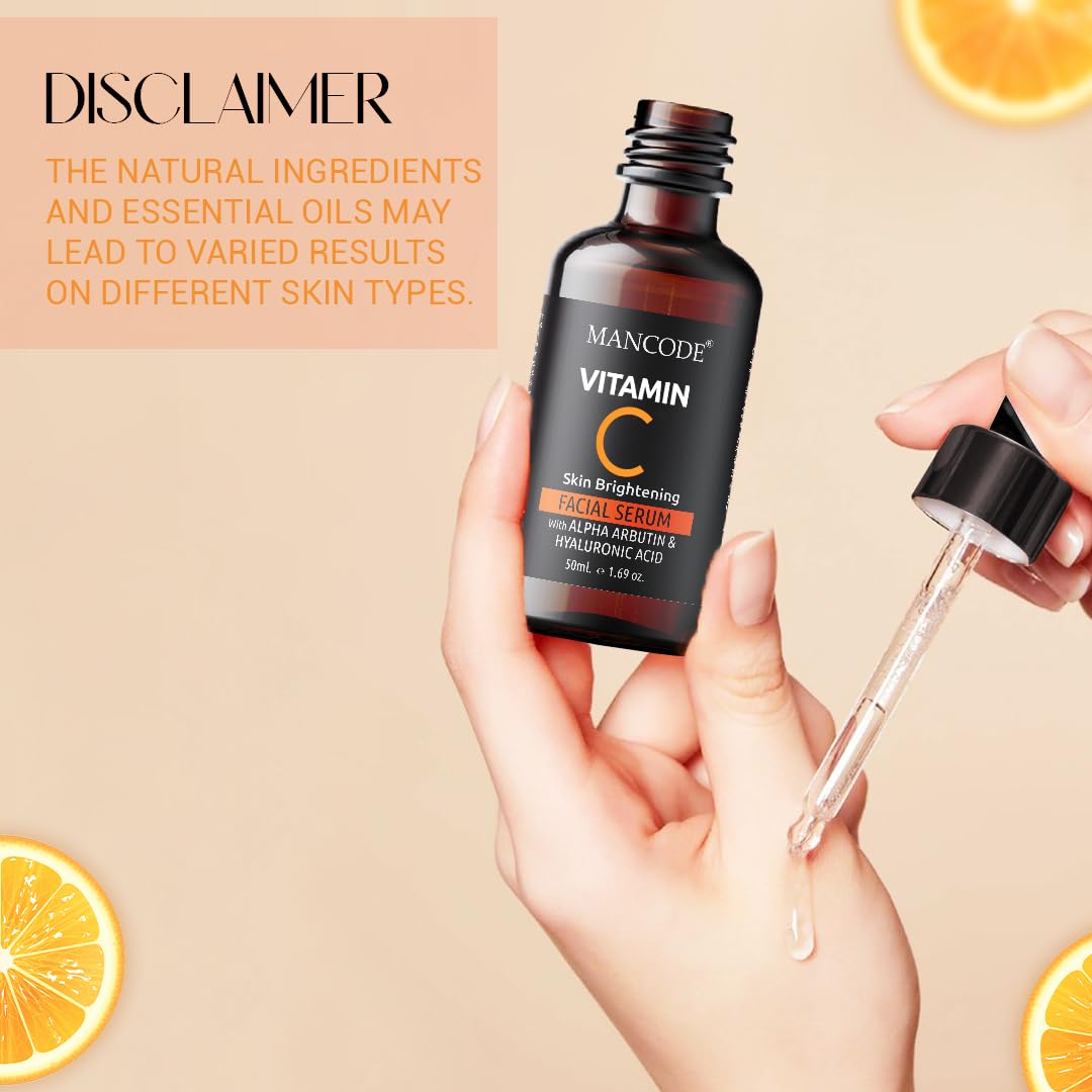 Mancode Vitamin C Facial Serum 50ml | Anti-Aging Serum with Vitamin E & Hyaluronic Acid | Wrinkle Reduction, Brightening & Hydrating Face Serum