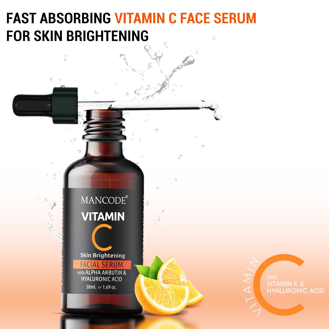 Mancode Vitamin C Facial Serum 50ml | Anti-Aging Serum with Vitamin E & Hyaluronic Acid | Wrinkle Reduction, Brightening & Hydrating Face Serum