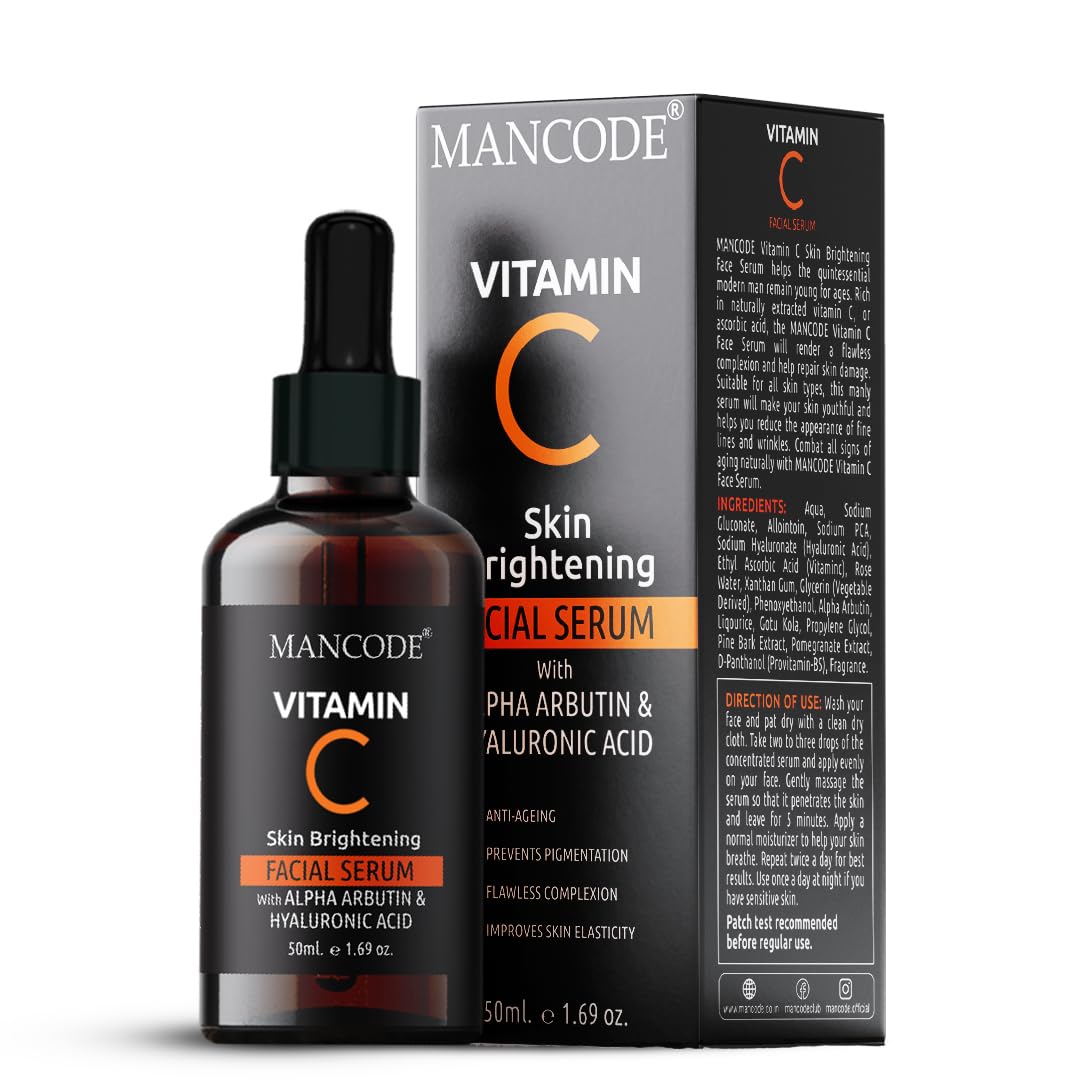 Mancode Vitamin C Facial Serum 50ml | Anti-Aging Serum with Vitamin E & Hyaluronic Acid | Wrinkle Reduction, Brightening & Hydrating Face Serum