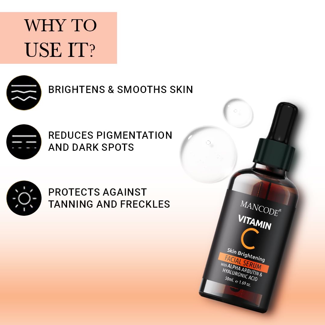 Mancode Vitamin C Facial Serum 50ml | Anti-Aging Serum with Vitamin E & Hyaluronic Acid | Wrinkle Reduction, Brightening & Hydrating Face Serum