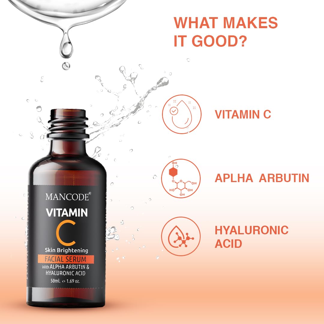 Mancode Vitamin C Facial Serum 50ml | Anti-Aging Serum with Vitamin E & Hyaluronic Acid | Wrinkle Reduction, Brightening & Hydrating Face Serum