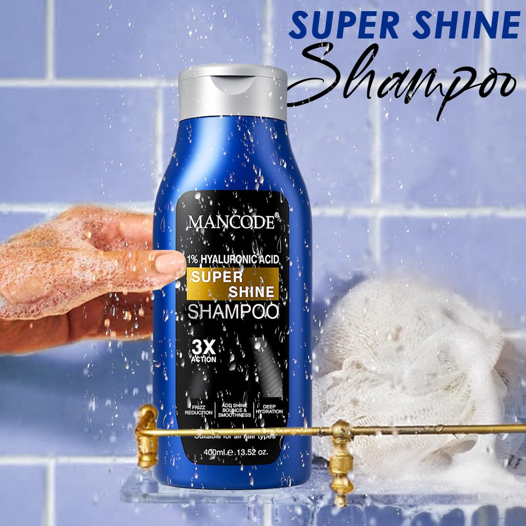 Mancode Super Shine Shampoo (400ml) | 1% Hyaluronic Acid Hydrating Shampoo for Men – Shine, Strength & Repair for Dull Hair