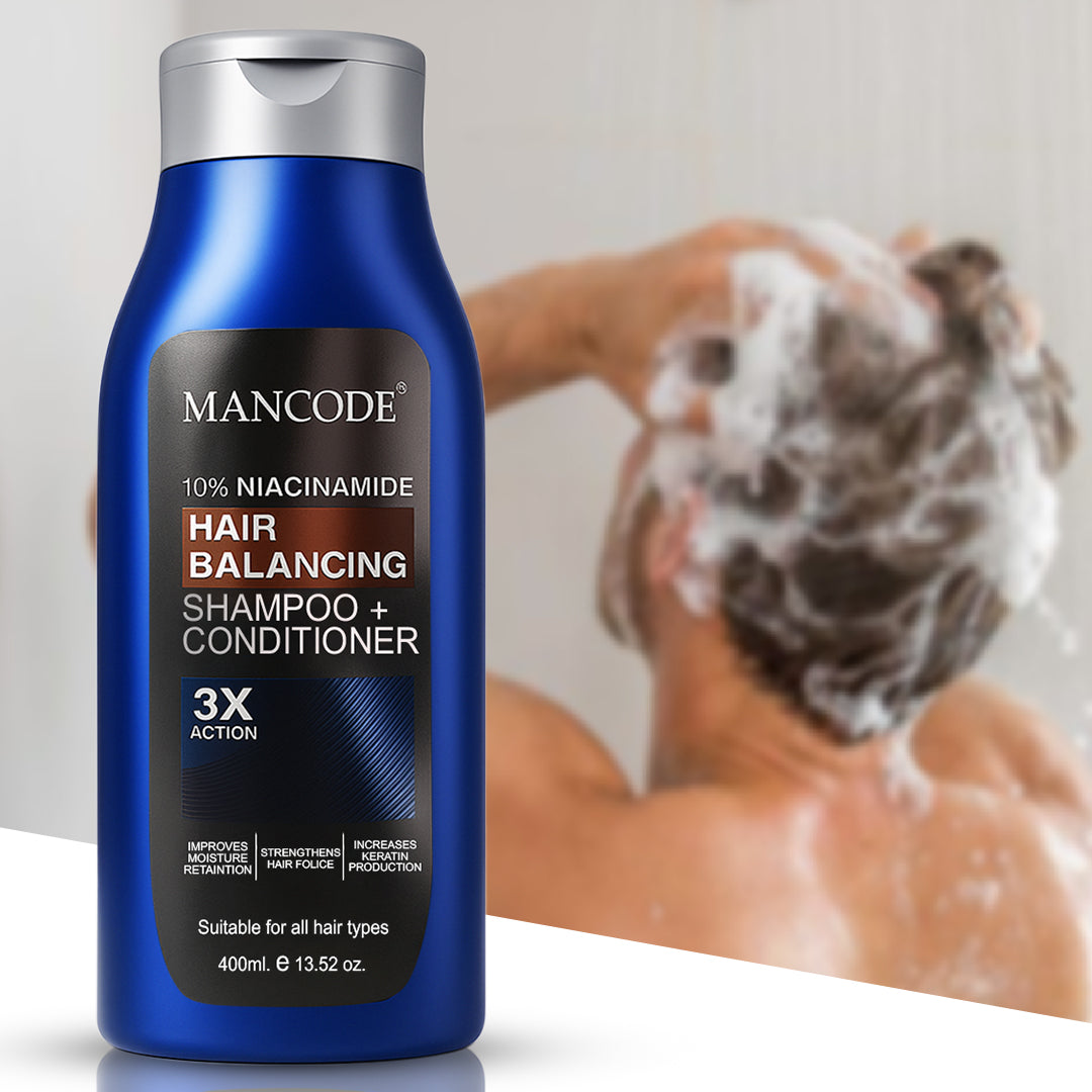 Mancode 10% Niacinamide Hair Balancing Shampoo + Conditioner | Dual Action Formula for Oil Control, Strength &amp; Shine | 400ml | For Men &amp; Women | Reduces Hair Fall &amp; Dandruff