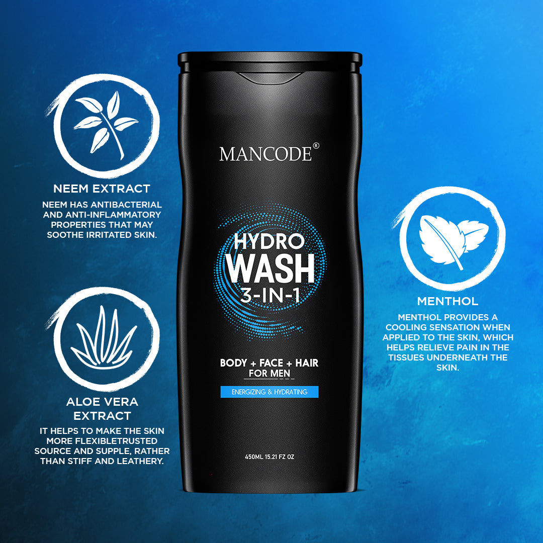 Mancode Hydro Body Wash 3 in 1 | Face Wash | Hair Shampoo