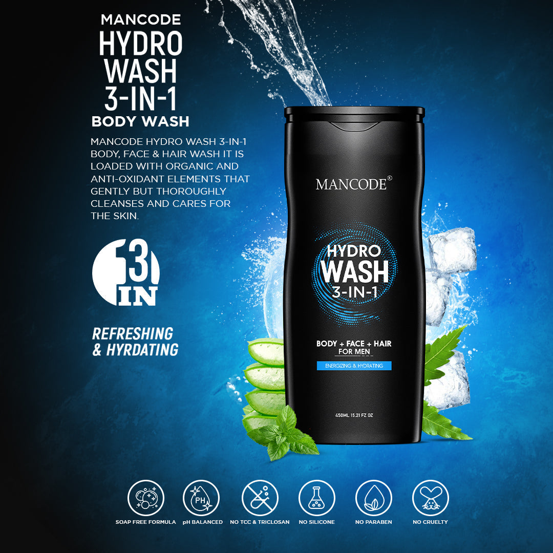 Mancode Hydro Body Wash 3 in 1 | Face Wash | Hair Shampoo